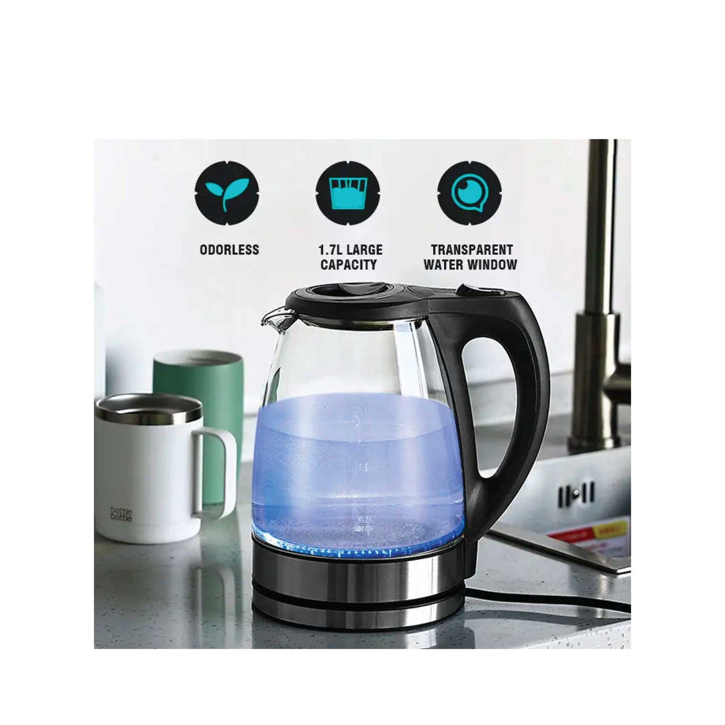 1.7L Electric Glass Kettle LED Blue Light 360 Automatic Cordless Water Boiling Jug