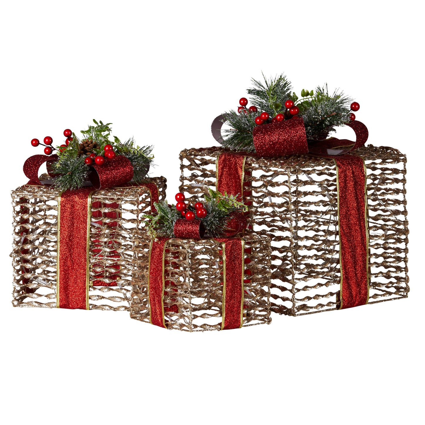 Swishmas Set Of 3 Christmas Gift Boxes With Lights - Champagne With Red Bows