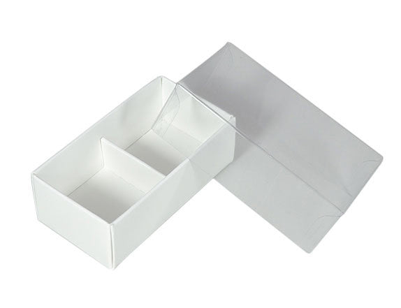 100 Pack of White Card Chocolate Sweet Soap Product Reatail Gift Box - 2 Bay Compartments - Clear Slide On Lid - 8x4x3cm