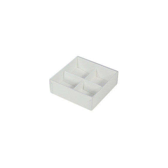 100 Pack of White Card Chocolate Sweet Soap Product Reatail Gift Box - 4 Bay Compartments - Clear Slide On Lid - 8x8x3cm