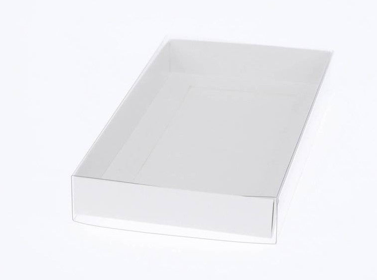 100 Pack of White Card Box - Clear Slide On Lid - 30 x 20 x 8cm -  Large Beauty Product Gift Giving Hamper Tray Merch Fashion Cake Sweets Xmas