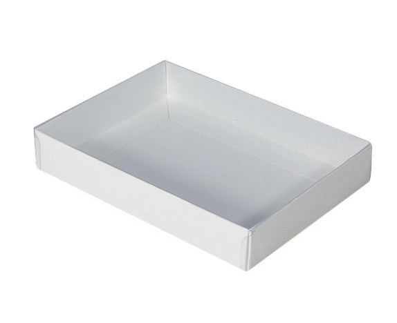 50 Pack of White Card Box - Clear Slide On Lid - 17 x 25 x 5cm -  Large Beauty Product Gift Giving Hamper Tray Merch Fashion Cake Sweets Xmas