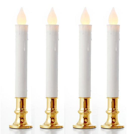 10 Pack Taper Stick White Battery Candle - Natural Flame Light Colour No Flicker - Gold Stand Base