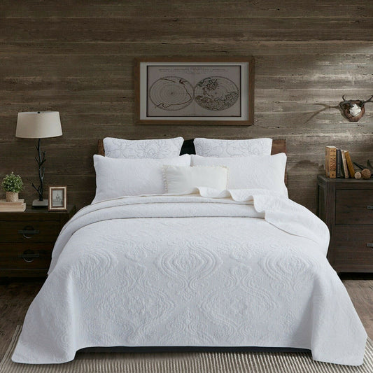 100% Cotton Coverlet Set Damask White Queen