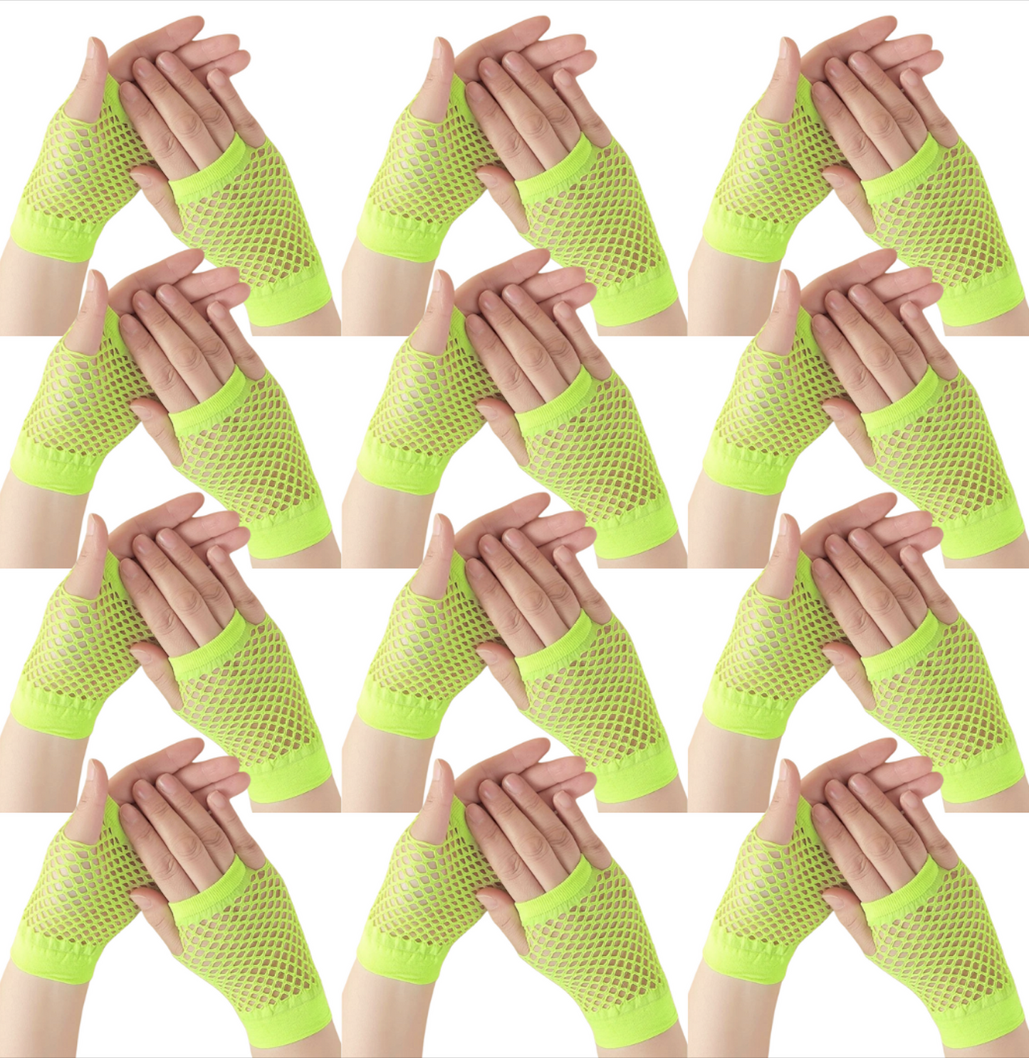 12 Pair Fishnet Gloves Fingerless Wrist Length 70s 80s Costume Party - Fluro Yellow