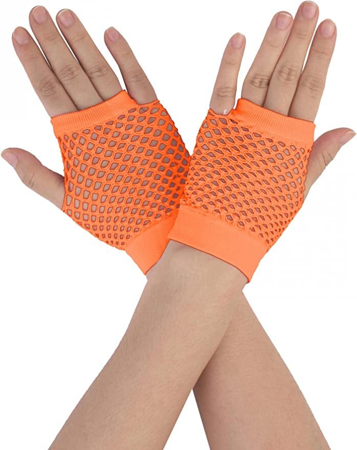 1 Pair Fishnet Gloves Fingerless Wrist Length 70s 80s Costume Party - Orange