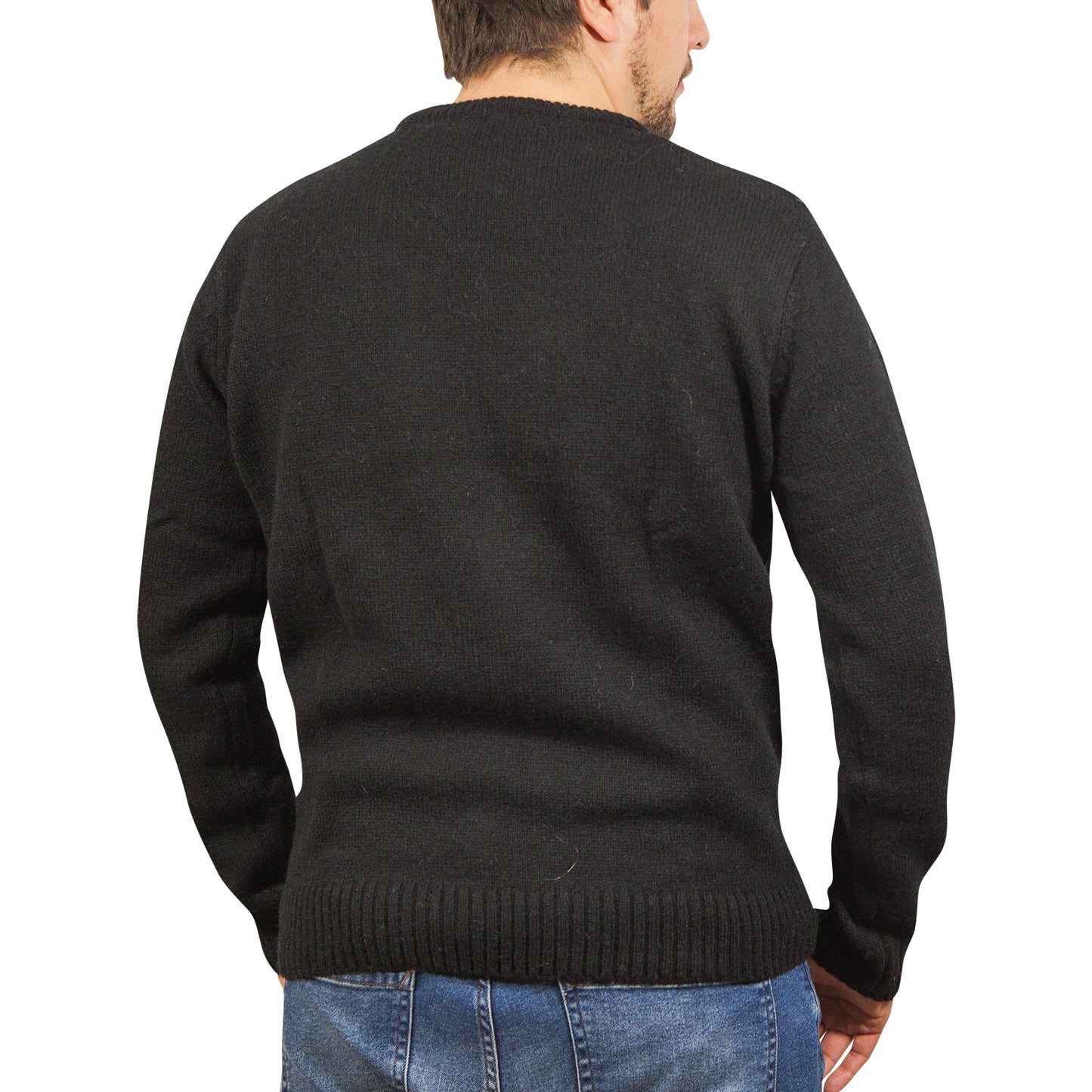 100% SHETLAND WOOL CREW Round Neck Knit JUMPER Pullover Mens Sweater Knitted - Plain Black - 6XL