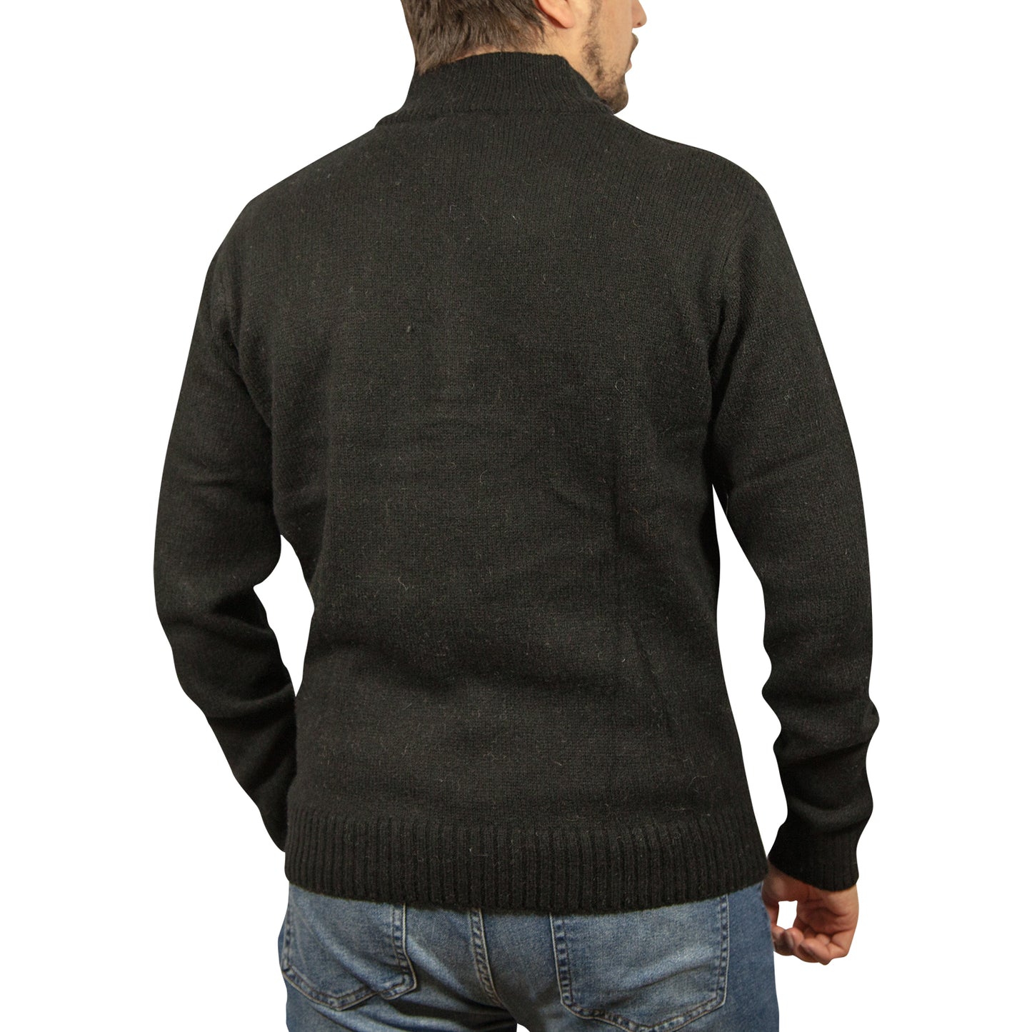 100% SHETLAND WOOL Half Zip Up Knit JUMPER Pullover Mens Sweater Knitted - Plain Black - M