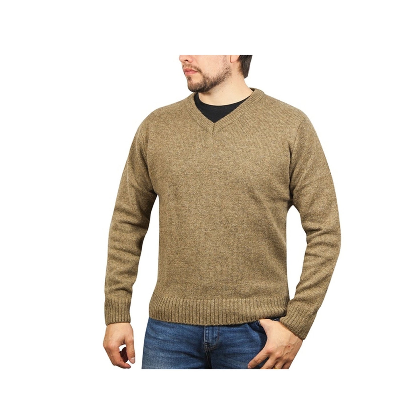 100% Shetland Wool V Neck Knit Jumper Pullover Mens Sweater Knitted - Nutmeg (23) - S