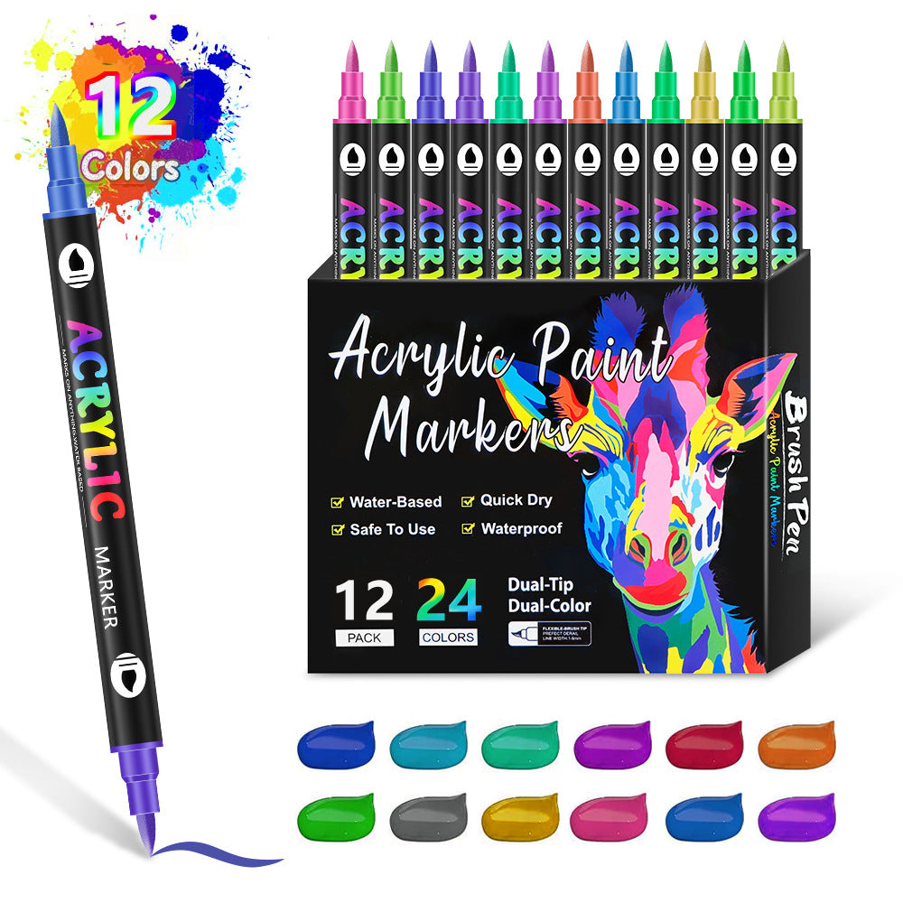 12-Pack Dual-Tip Acrylic Paint Markers - 24 Vibrant Colors, Waterproof & Quick-Dry for Art Projects