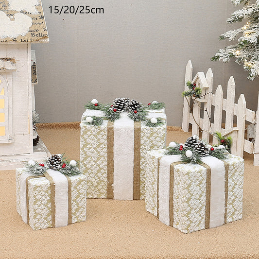 YH99032 Set of 3 Decorative Christmas Gift Boxes with Pine Cones & Berries,without lights - Holiday Decor for Indoor Display (15/20/25cm)