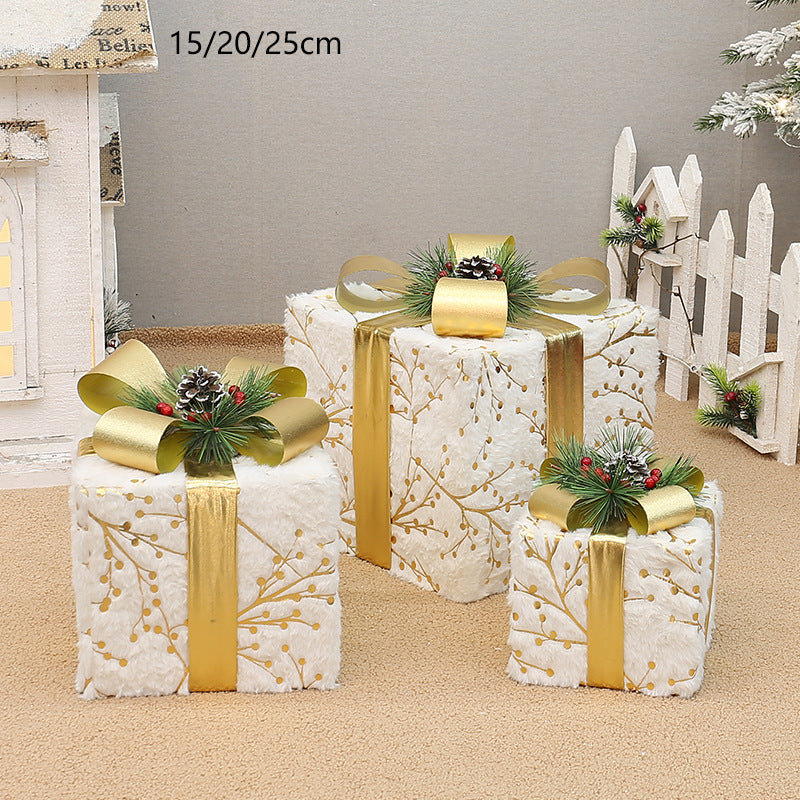 Set of 3 Elegant Christmas Gift Boxes with Gold Ribbon & Pine Accents,without lights - Perfect Indoor Holiday Decoration (15/20/25cm)