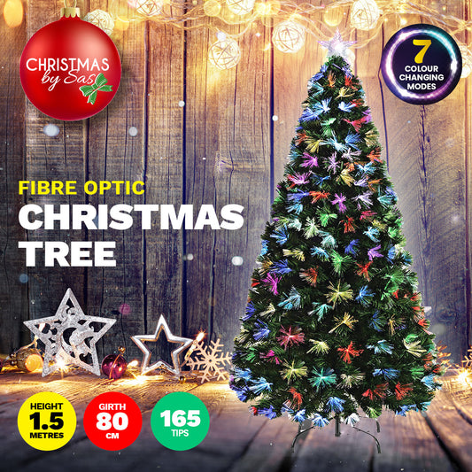 Christmas By Sas 1.5m Fibre Optic Christmas Tree 165 Tips Multicolour Lights & Star