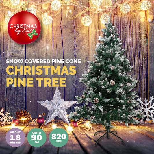 Christmas By Sas 1.8m Full Figured Tree Snow Covered Tips & Pine Cones