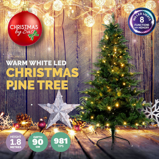 Christmas By Sas 1.8m Pine Tree 300 Warm White LED Lights With 8 Functions