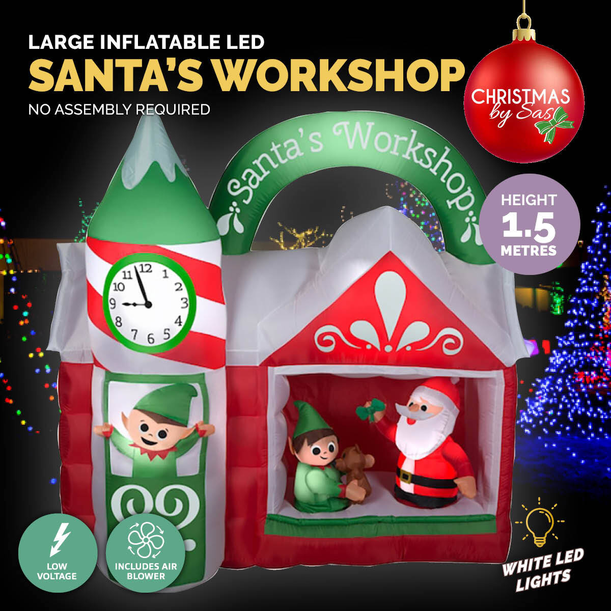 Christmas By Sas 1.5m x 1.6m Self Inflatable Santa's Workshop LED Lights